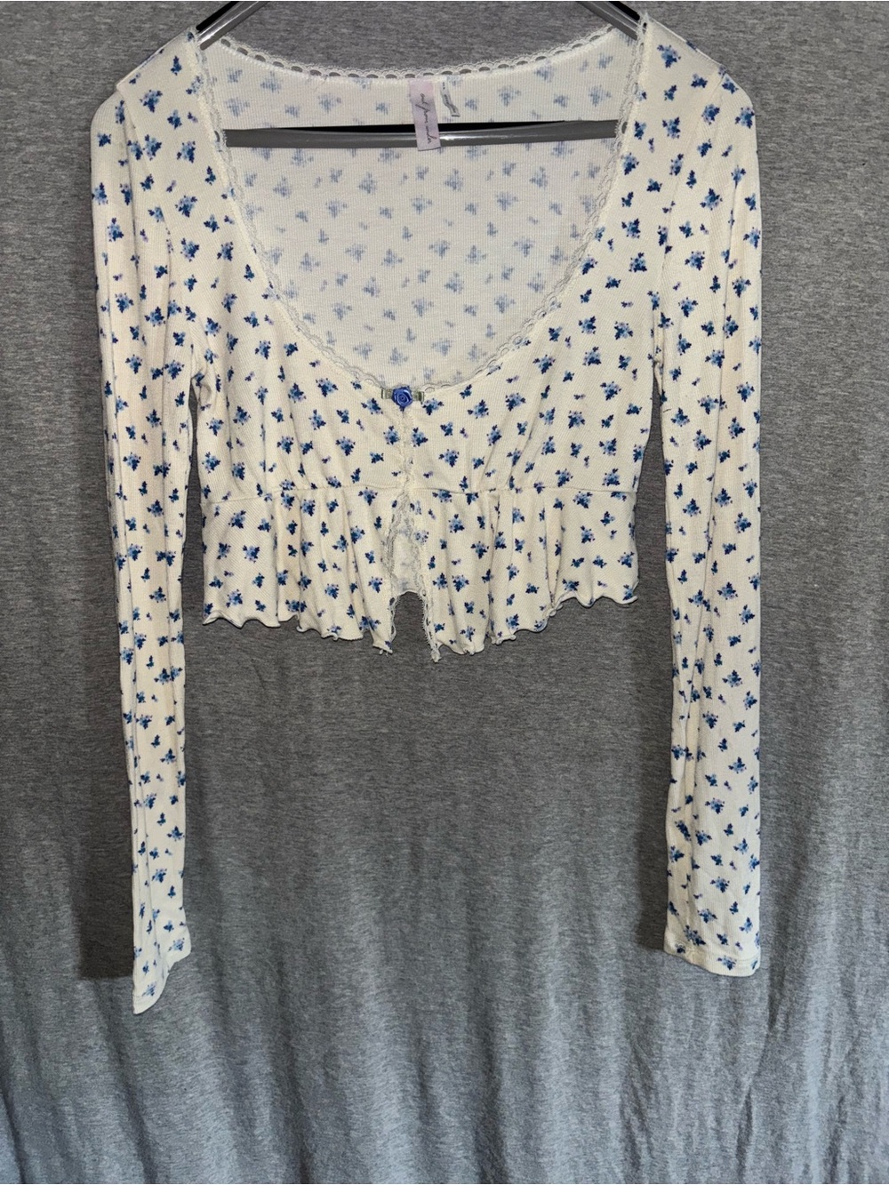 Urban Outfitters White Crop Long Sleeve with Blue Floral Print